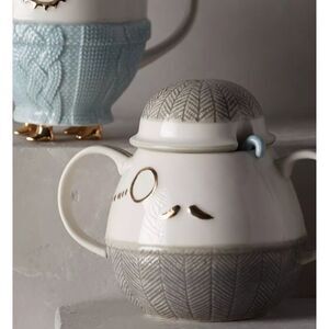 Anthropologie Sugar Bowl w/Lid Mustache & Monocle, Cozy Carolers Fa La La La La